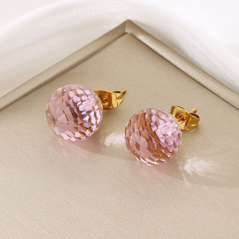 Серьги-пусеты Розовые граненые шары CJJ17495 Серьги-пусеты Розовые граненые шары CJJ17495