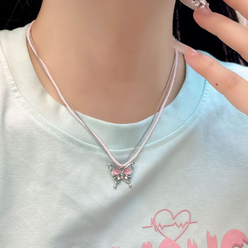 Колье из стали и бисера кулон бабочка J11435CJJ