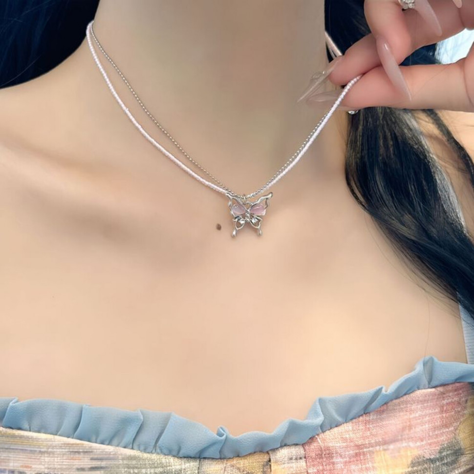 Колье из стали и бисера кулон бабочка J11435CJJ