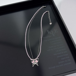 Многослойное колье с розовой бабочкой и стальной цепочкой J11435CJJ