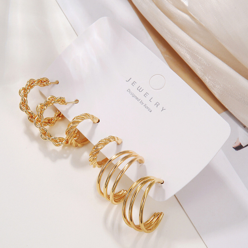 Набор золотистых серег конго с фактурным плетением и витыми кольцами Z59772