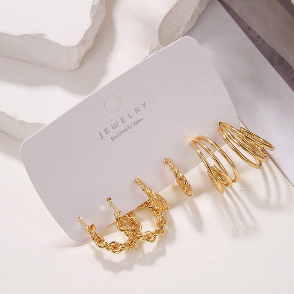 Набор золотистых серег конго с фактурным плетением и витыми кольцами Z59772