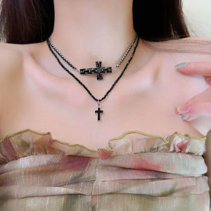 Двойной черный чокер с крестами в готическом стиле CJG57228 Двойной черный чокер с крестами в готическом стиле CJG57228