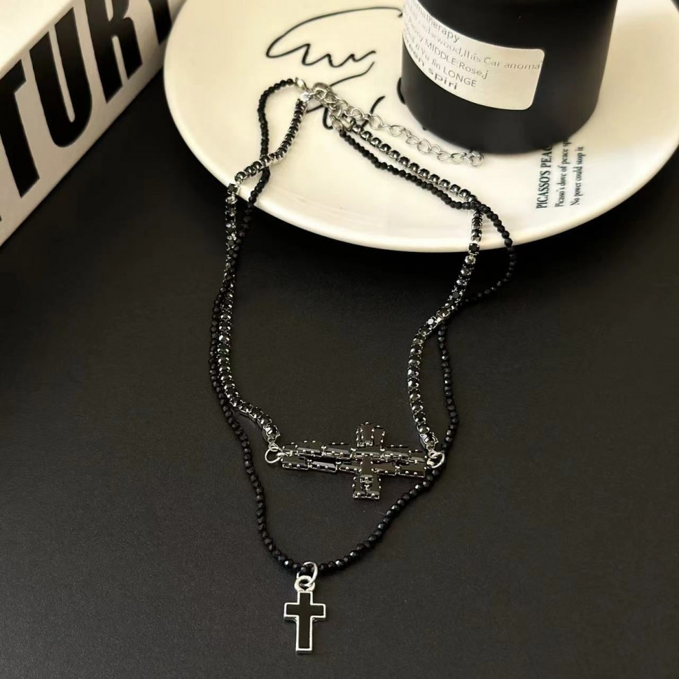 Двойной черный чокер с крестами в готическом стиле CJG57228