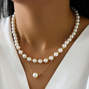 Двойное жемчужное колье с золотистой цепочкой CJG30837