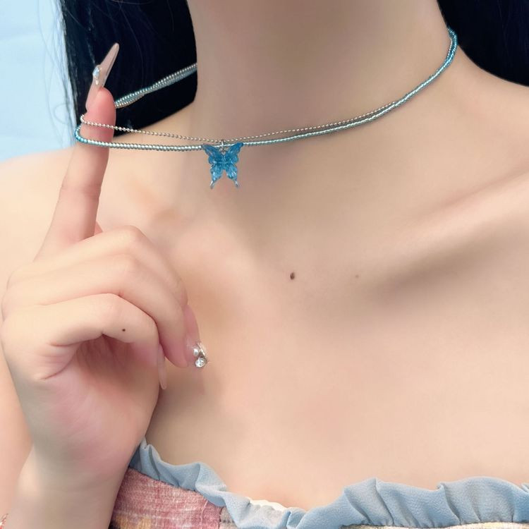 Яркое колье из бисера с крупной голубой бабочкой J11436CJJ Яркое колье из бисера с крупной голубой бабочкой J11436CJJ