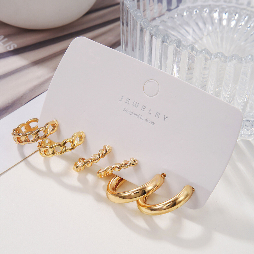 Сет золотистых серег конго с массивными цепями и гладкими кольцами Z59773