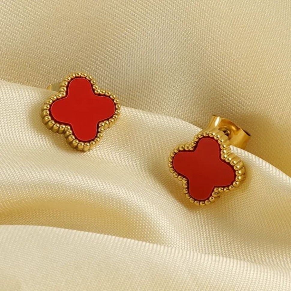 Стальные серьги с напылением золотом красный клевер J10240CJJ