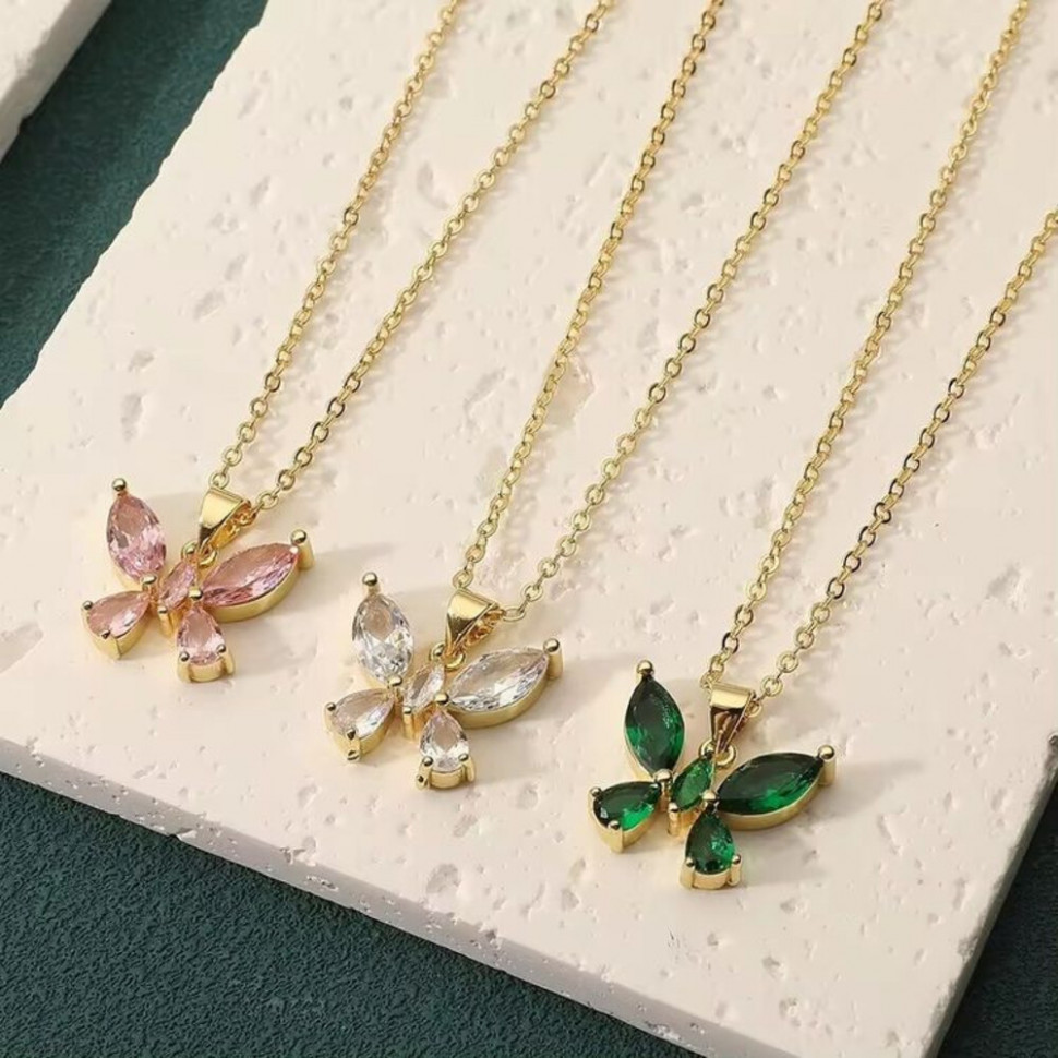 Цепочка с объемной подвеской-бабочкой из розовых кристаллов J10837CJJ