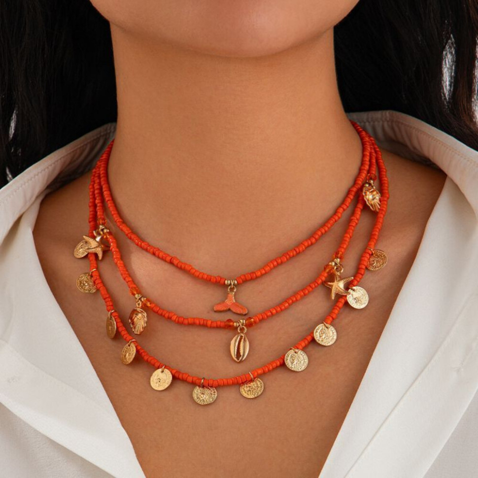 Тройной оранжевый чокер с золотистыми дисками CJH22171