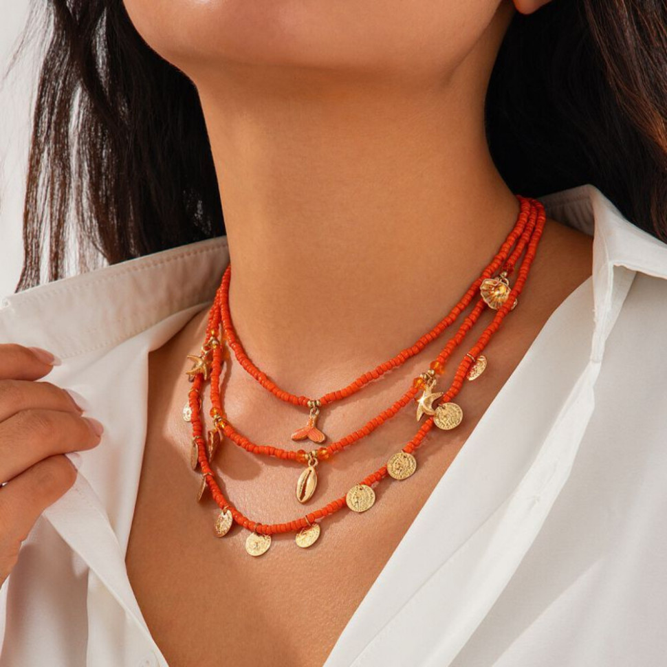 Тройной оранжевый чокер с золотистыми дисками CJH22171