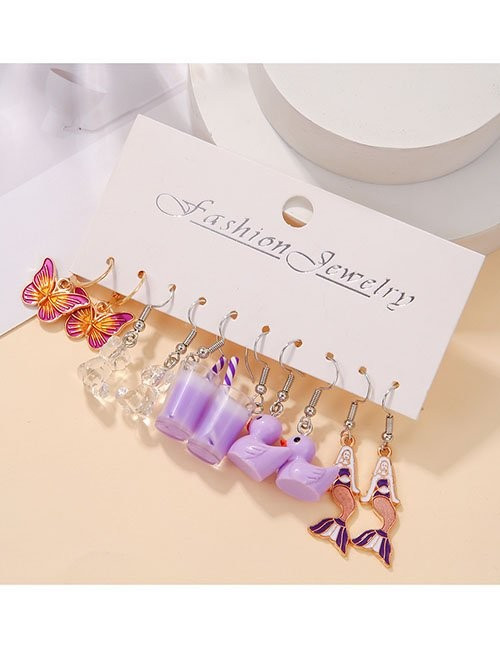 Набор ярких висячих серег с бабочками и флаконами в сиреневых тонах Z28909