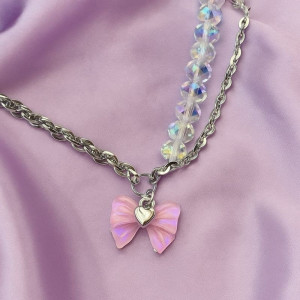Комбинированное колье с цепью и розовым бантом J10756CJJ