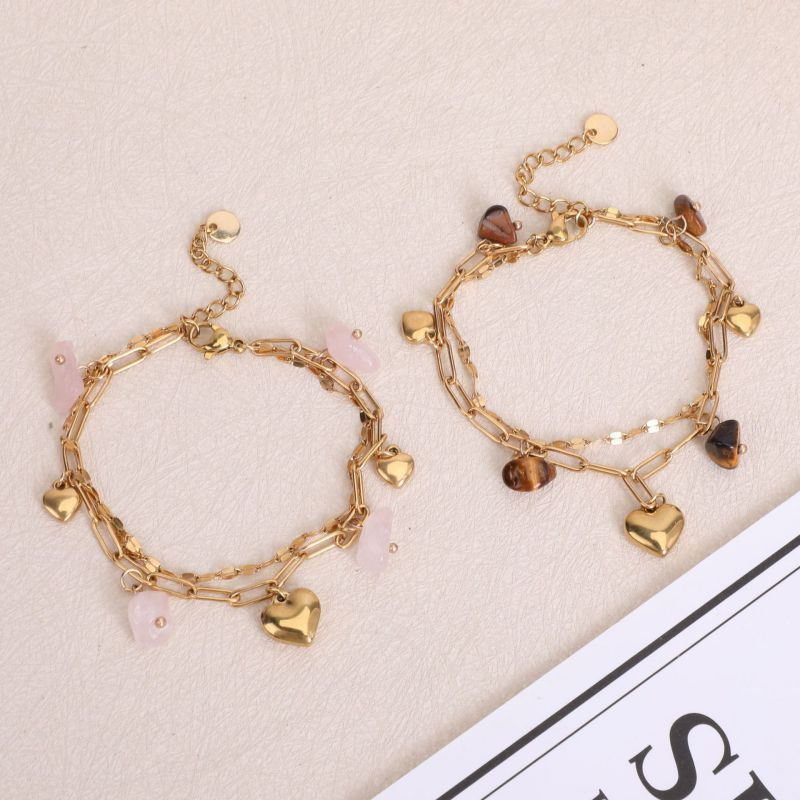 Браслет двойной с натуральными камнями и подвесками-сердцами CJN35558