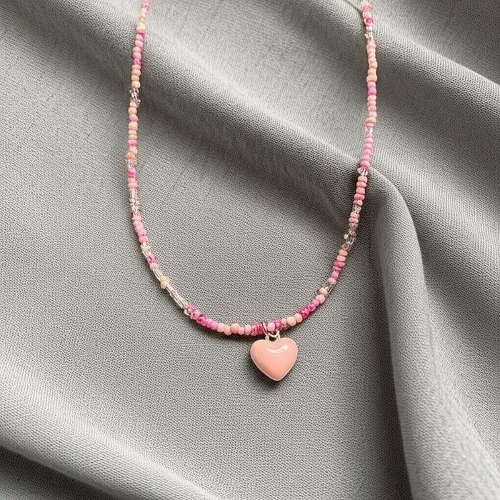 Лаконичные розовые Бусы из бисера с кулоном-сердцем G89539MSK