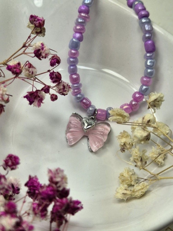 Сиреневые бусы из бисера с декоративным бантом J10759CJJ