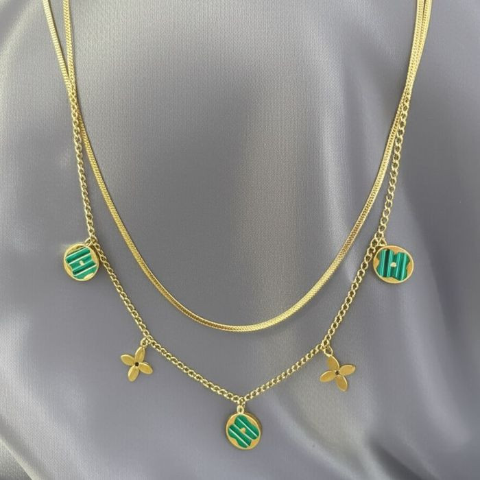 Многослойная цепочка с зелеными вставками и клевером J10850CJJ