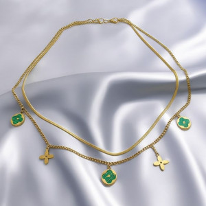 Многослойная цепочка с зелеными вставками и клевером J10850CJJ Многослойная цепочка с зелеными вставками и клевером J10850CJJ