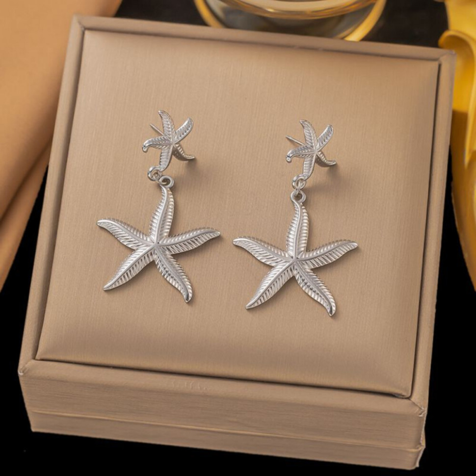Серебристые серьги-подвески Морские звезды CJH32168