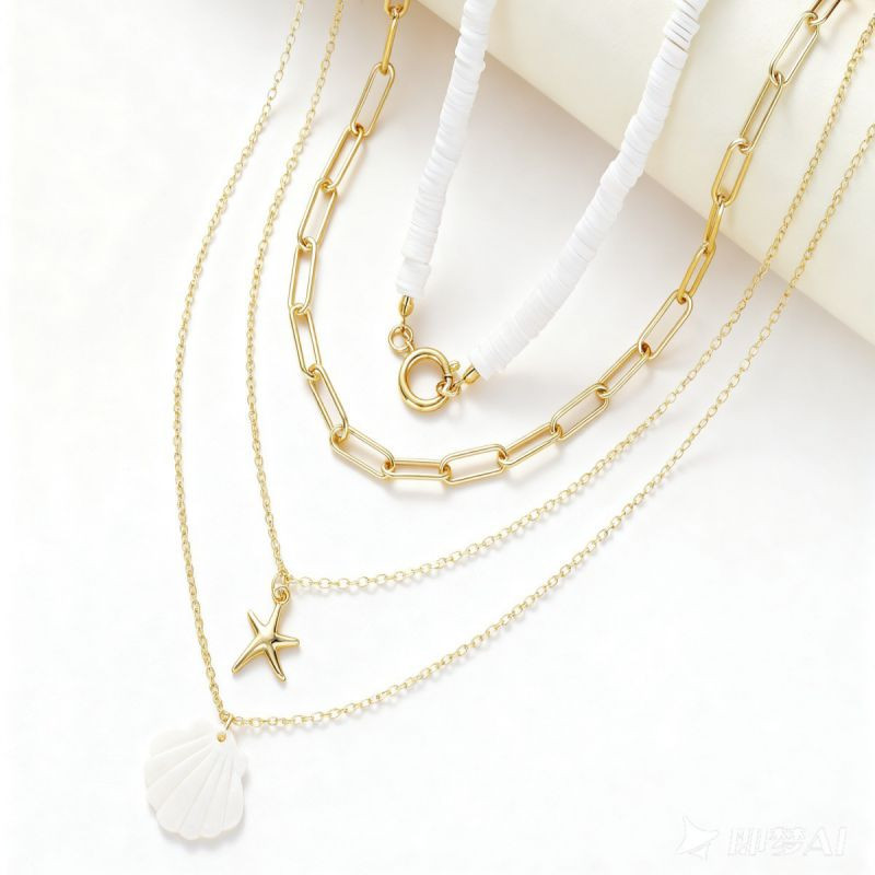 Четырехслойное колье с белым чокером и подвеской-ракушкой CJR81451