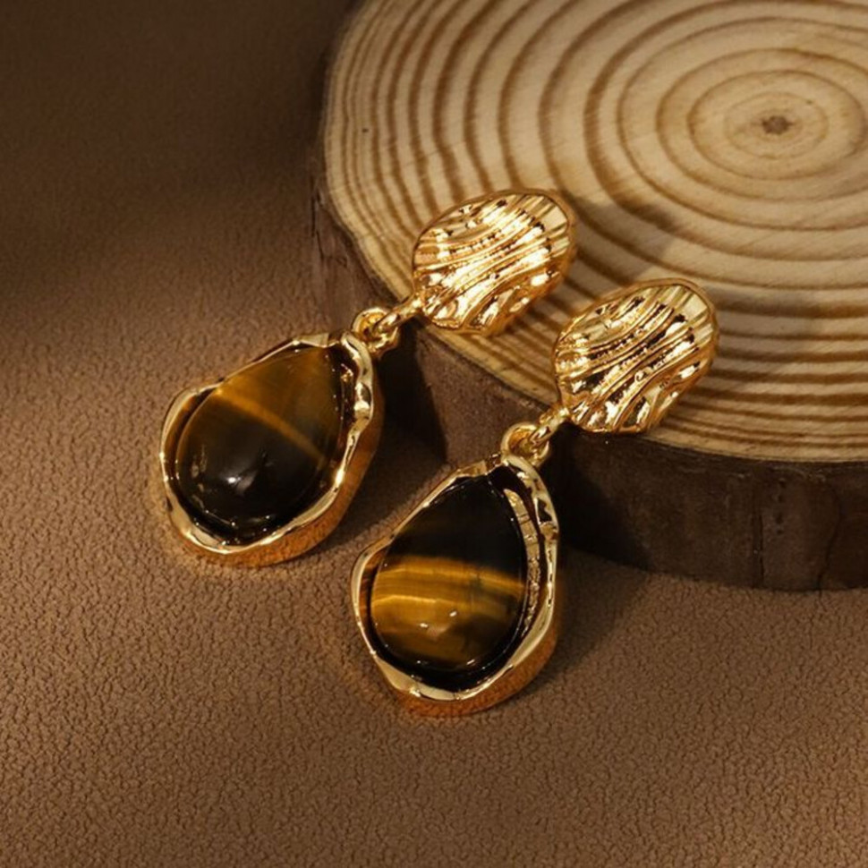 Висячие серьги капли со вставками под тигровый глаз CJH48385