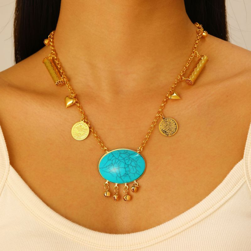 Золотистая цепочка с крупным бирюзовым камнем и монетами CJP43666