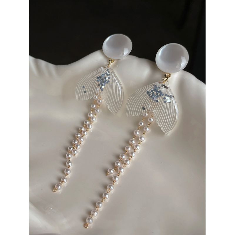 Воздушные серьги-пусеты с лепестками и жемчужными нитями CJQ17170