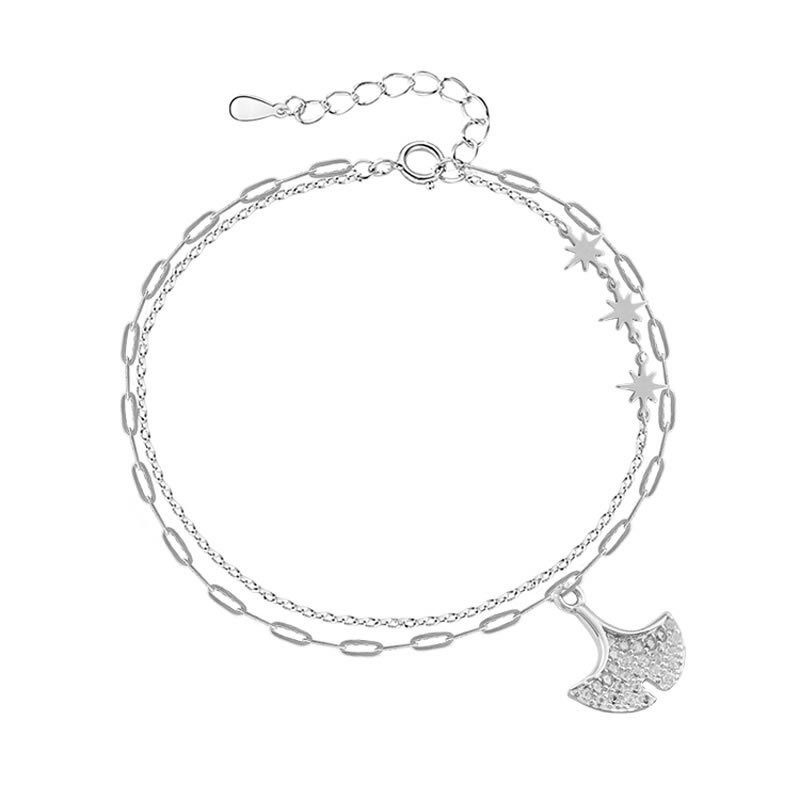 Серебристый многослойный браслет с подвеской-листком M87537