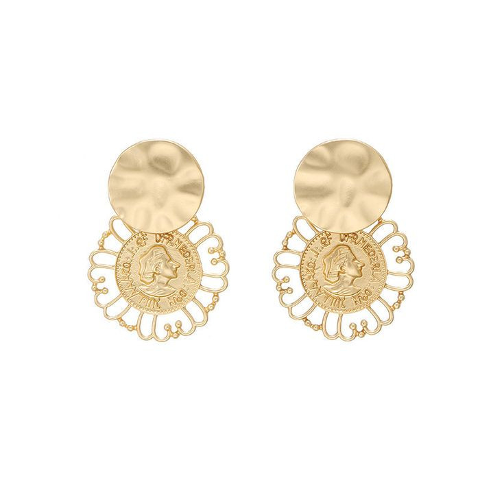 Крупные золотистые серьги пусеты с ажурными дисками CJM69852 Крупные золотистые серьги пусеты с ажурными дисками CJM69852