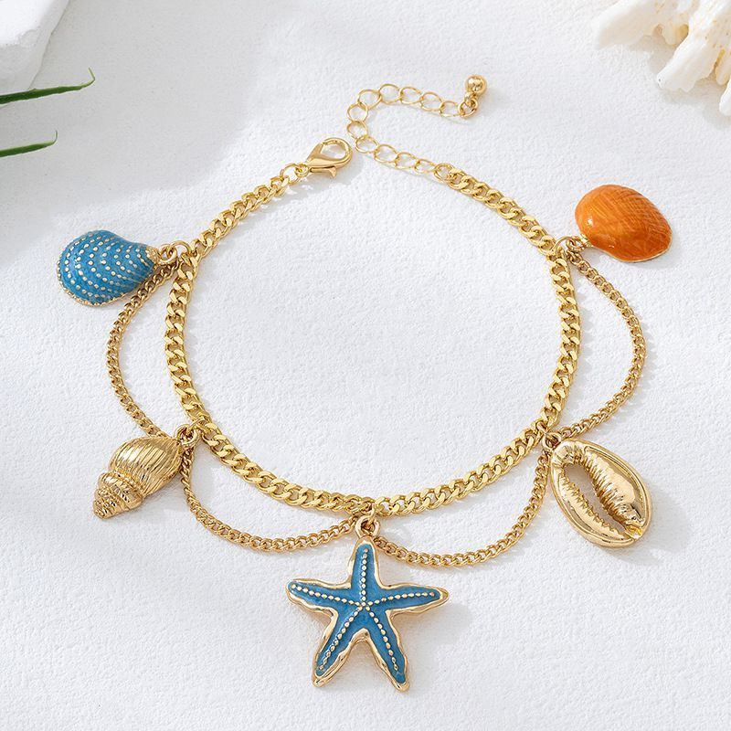 Браслет на ногу с цветными ракушками и звездой CJP84669