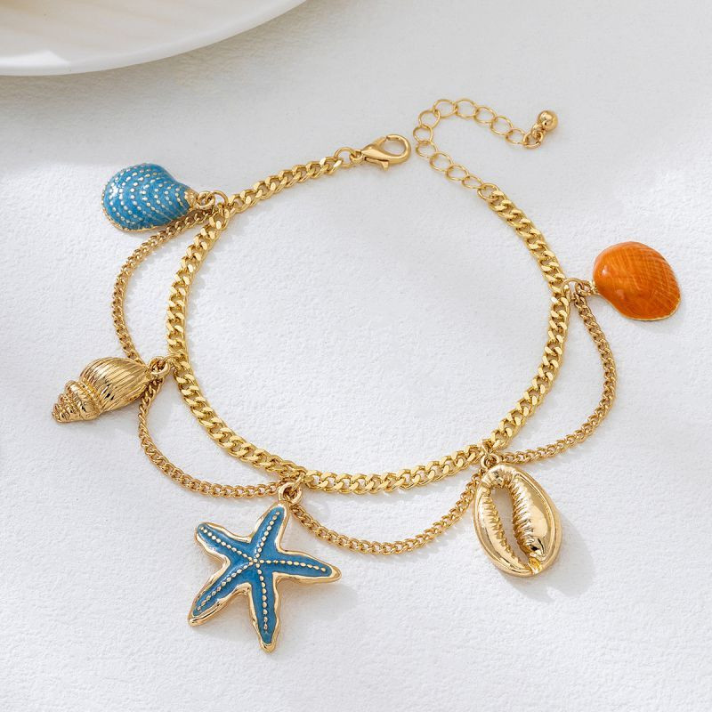 Браслет на ногу с цветными ракушками и звездой CJP84669