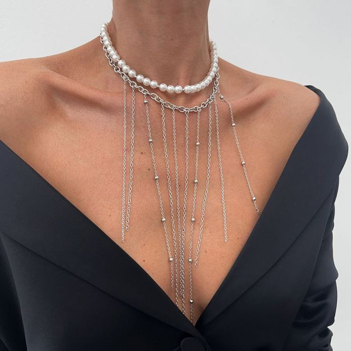 Изысканный чокер с длинной бахромой из тонких цепей CJM42230