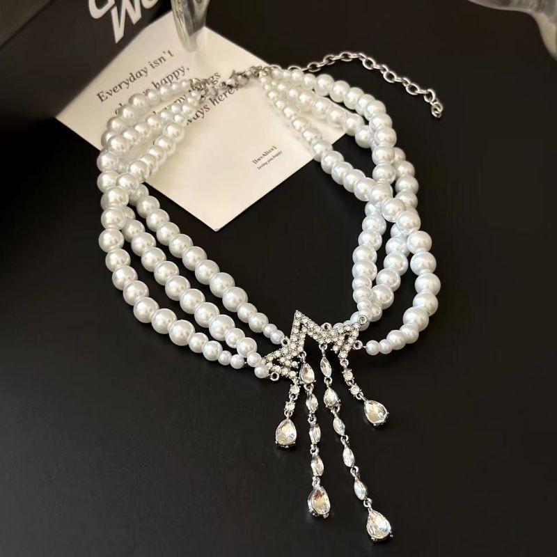 Многорядный жемчужный чокер с кристальными каплями CJG57297 Многорядный жемчужный чокер с кристальными каплями CJG57297