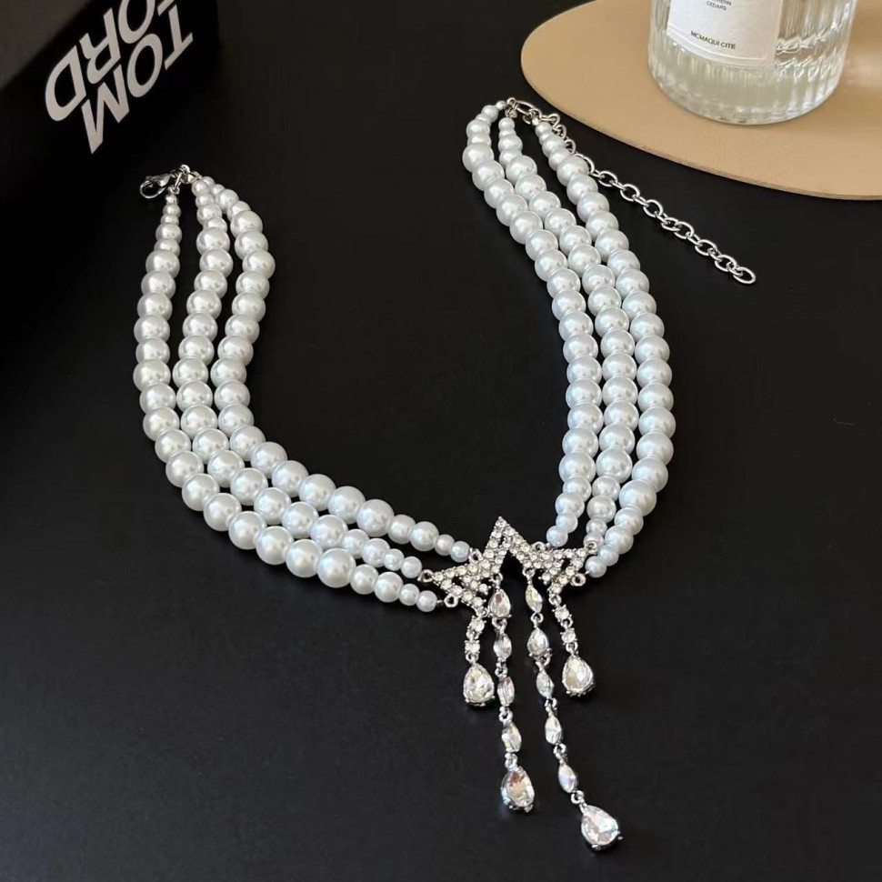 Многорядный жемчужный чокер с кристальными каплями CJG57297 Многорядный жемчужный чокер с кристальными каплями CJG57297