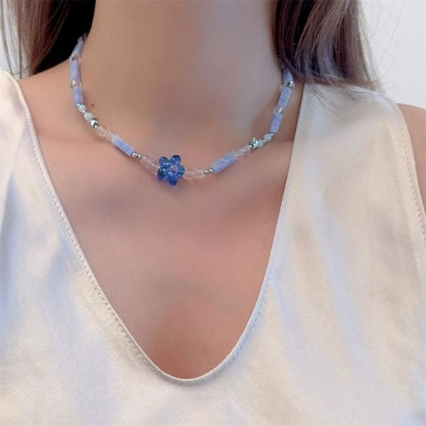 Оригинальные Бусы из голубого камня с подвеской-крестом CJL47359