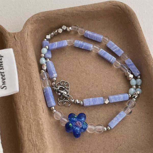 Оригинальные Бусы из голубого камня с подвеской-крестом CJL47359