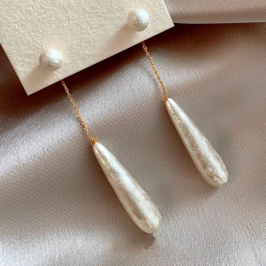 Длинные серьги пусеты с каплями из хлопкового жемчуга CJM71184