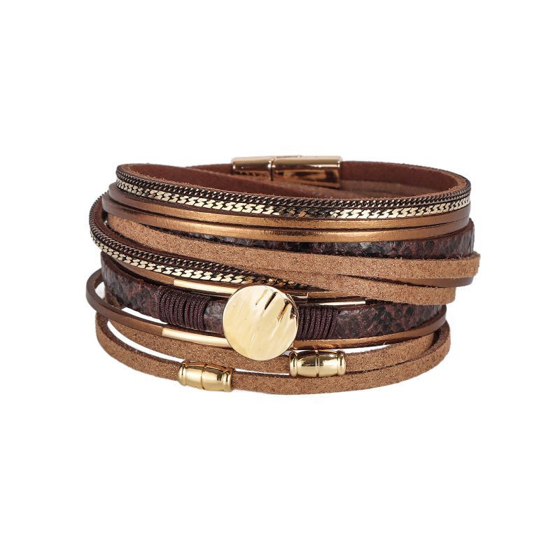 Браслет кожаный многослойный с золотистыми вставками CJT05179 Браслет кожаный многослойный с золотистыми вставками CJT05179