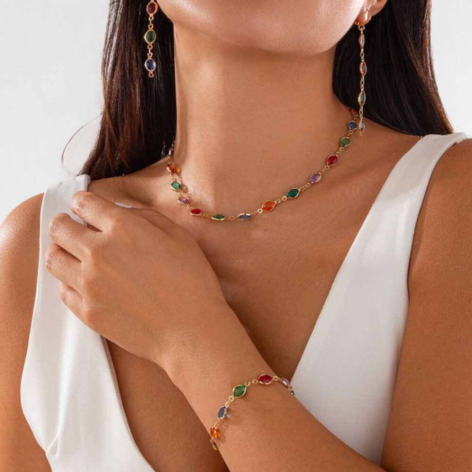 Тонкое колье с разноцветными кристаллами квадратной огранки CJH22205 Тонкое колье с разноцветными кристаллами квадратной огранки CJH22205