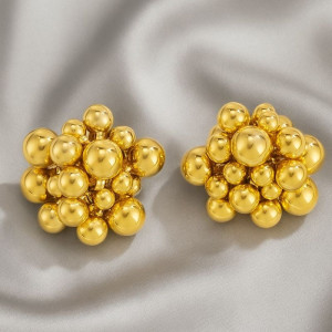 Золотистые объемные серьги-пусеты в виде грозди металлических сфер 1J12193CJJ