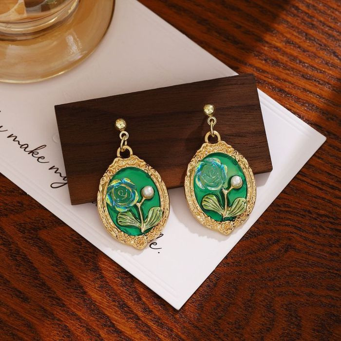 Винтажные серьги пусеты с растительным узором на эмали CJL20066 Винтажные серьги пусеты с растительным узором на эмали CJL20066