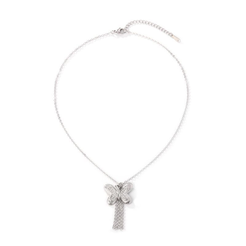 Серебряное колье из стали с бабочкой и кисточкой CJZ56190