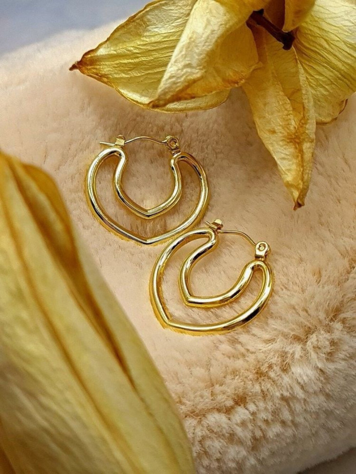 Стальные серьги-булавка с напылением золотом двойное сердце J10288CJJ