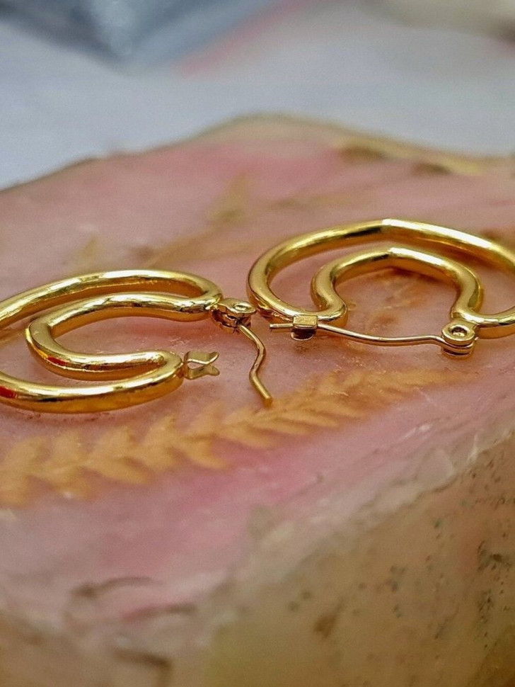 Стальные серьги-булавка с напылением золотом двойное сердце J10288CJJ