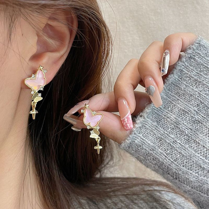 Набор нежных золотистых пусет с розовыми бабочками CJG52447