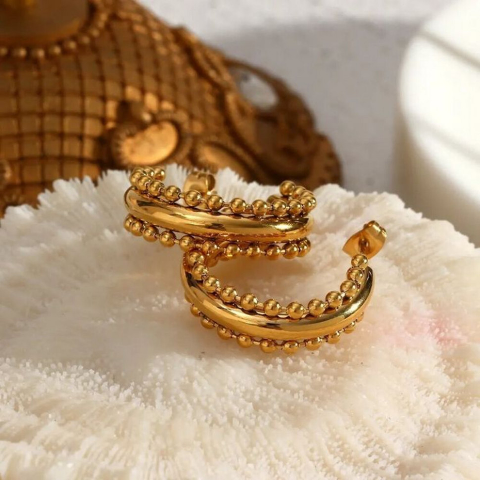 Стальные серьги-гвоздики с напылением золотом с бусинами J10289CJJ