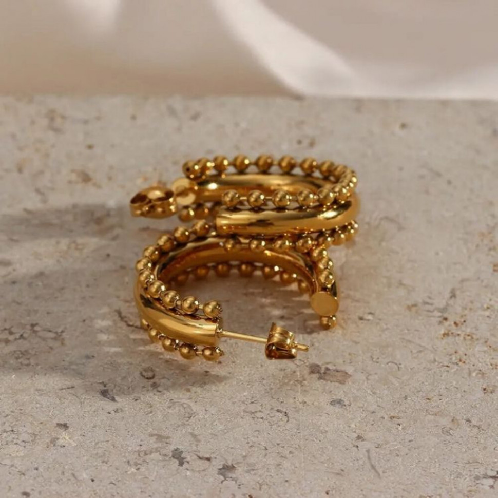 Стальные серьги-гвоздики с напылением золотом с бусинами J10289CJJ