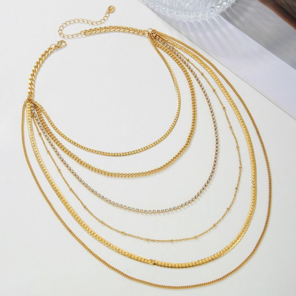 Каскадное многослойное колье из золотистых цепей CJH16420