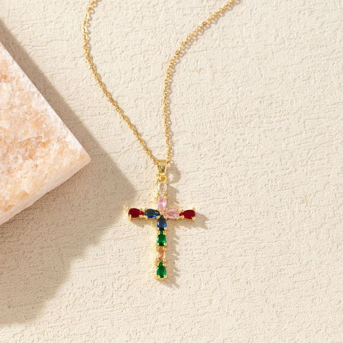 Золотистая Цепочка с крестом и цветными камнями CJM35799