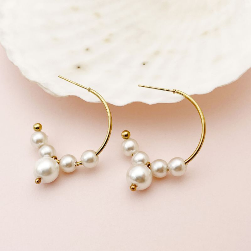 Золотистые серьги-кольца с жемчугом CJH52815 Золотистые серьги-кольца с жемчугом CJH52815